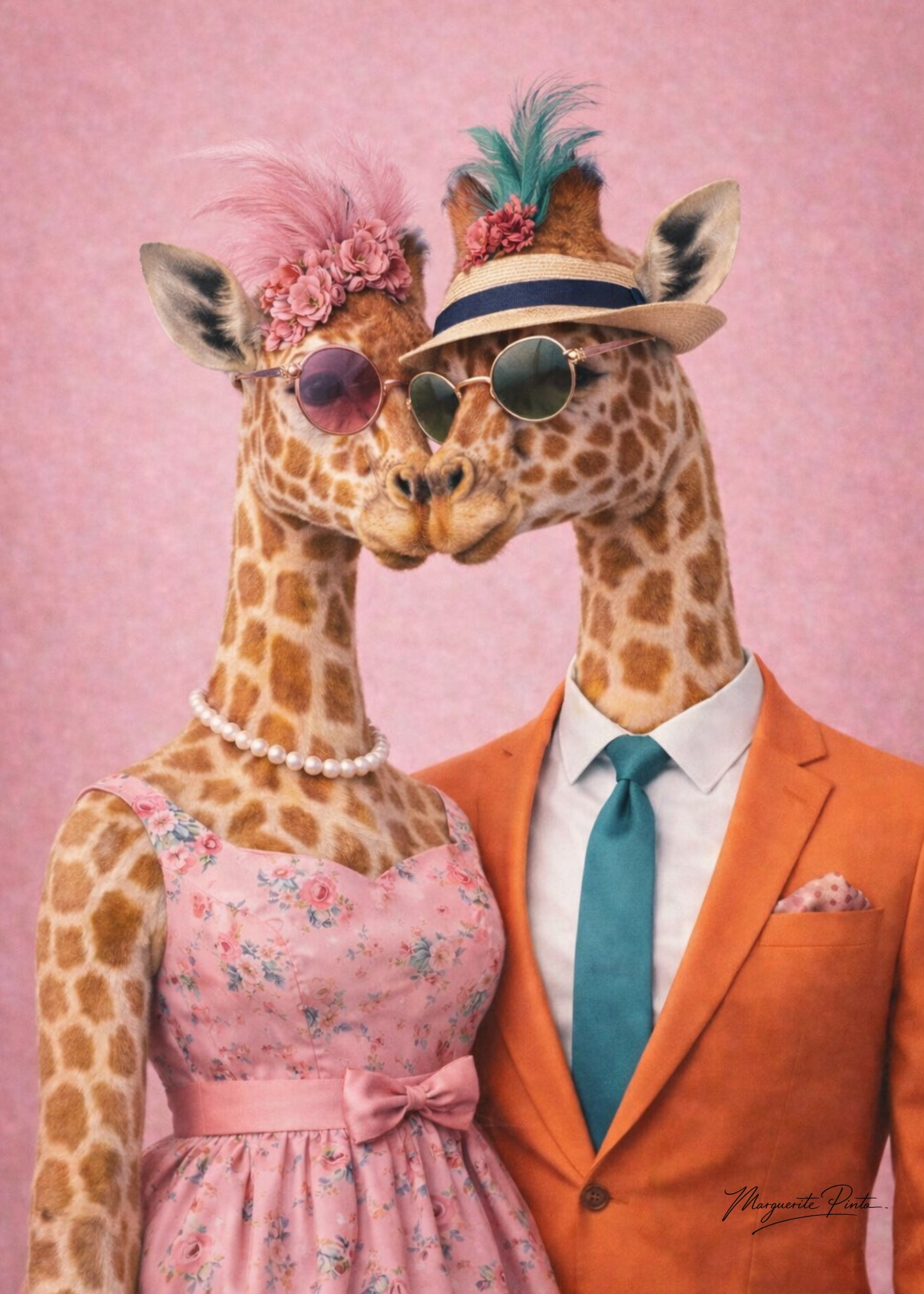 Trois portraits de Girafe fusionnant grandeur ancestrale, calme et douceur, dans un univers rose poudré par Marguerite P.