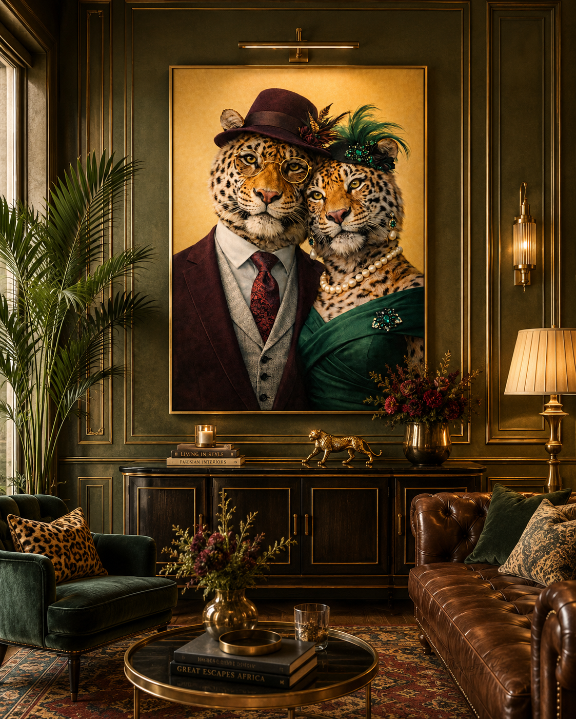Couple Léopards Raffinés exposés dans un salon de type savane.