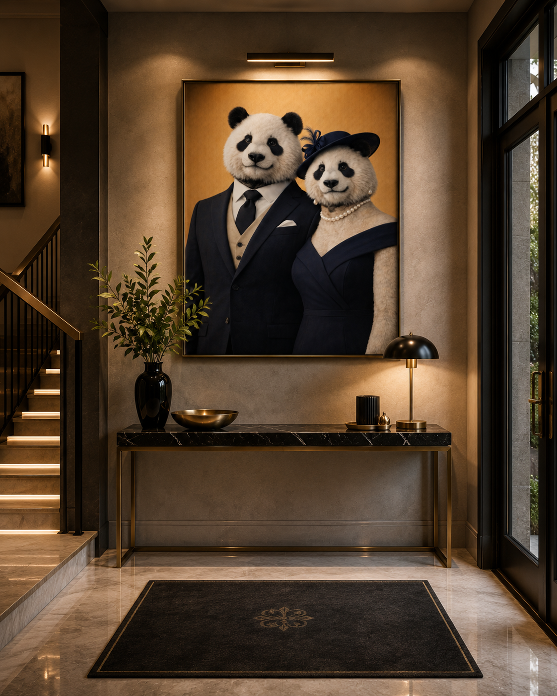 Couple Panda exposé dans entrée sombre