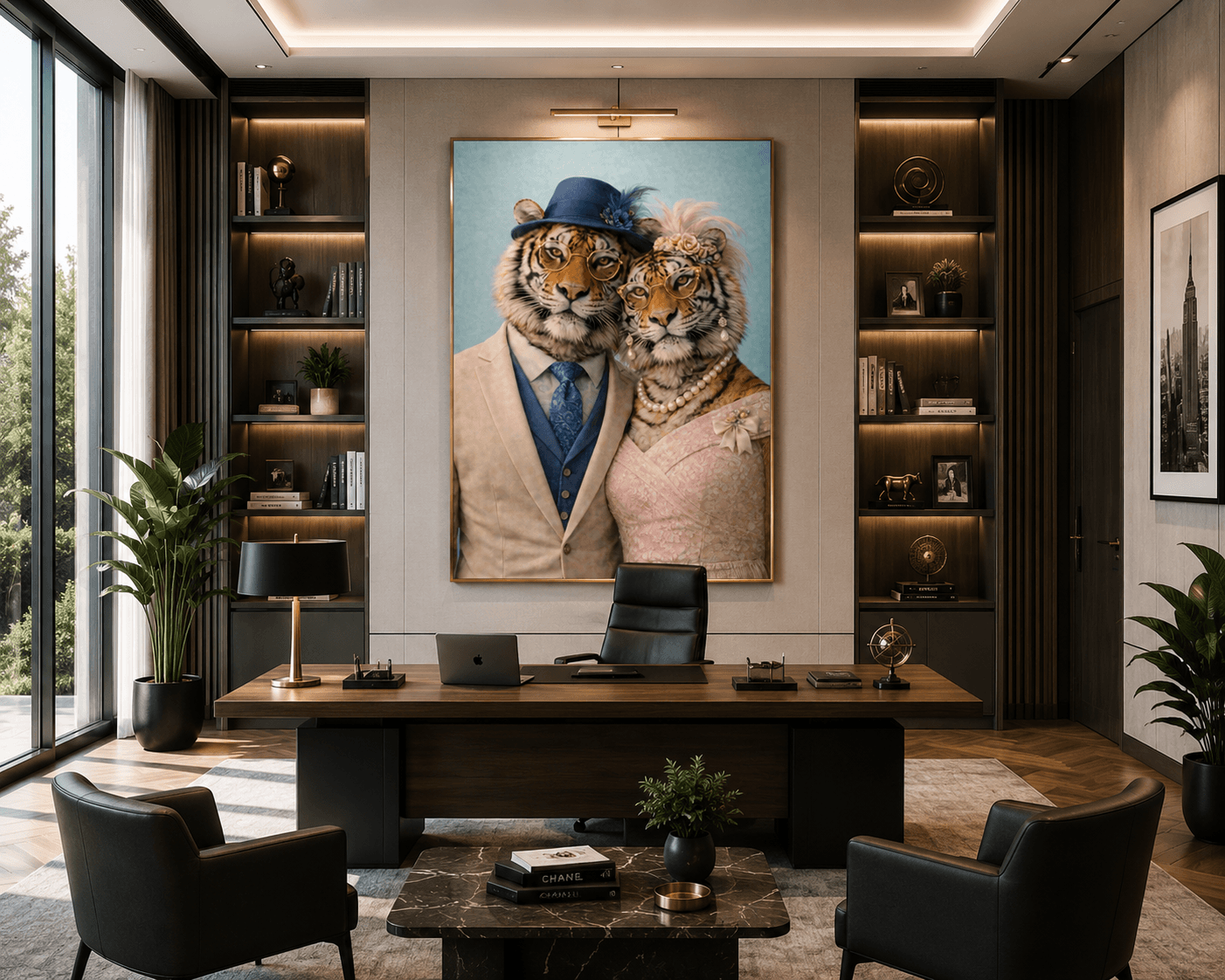 Tableau d'un couple tigre dans un bureau, tête contre tête respirant l'amour et la sérénité.