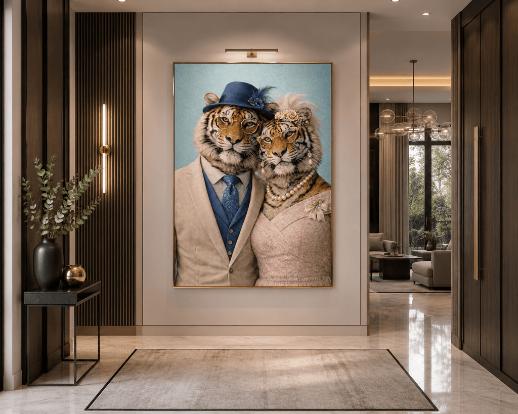 Tableau d'un couple tigre, tête contre tête respirant l'amour et la sérénité.