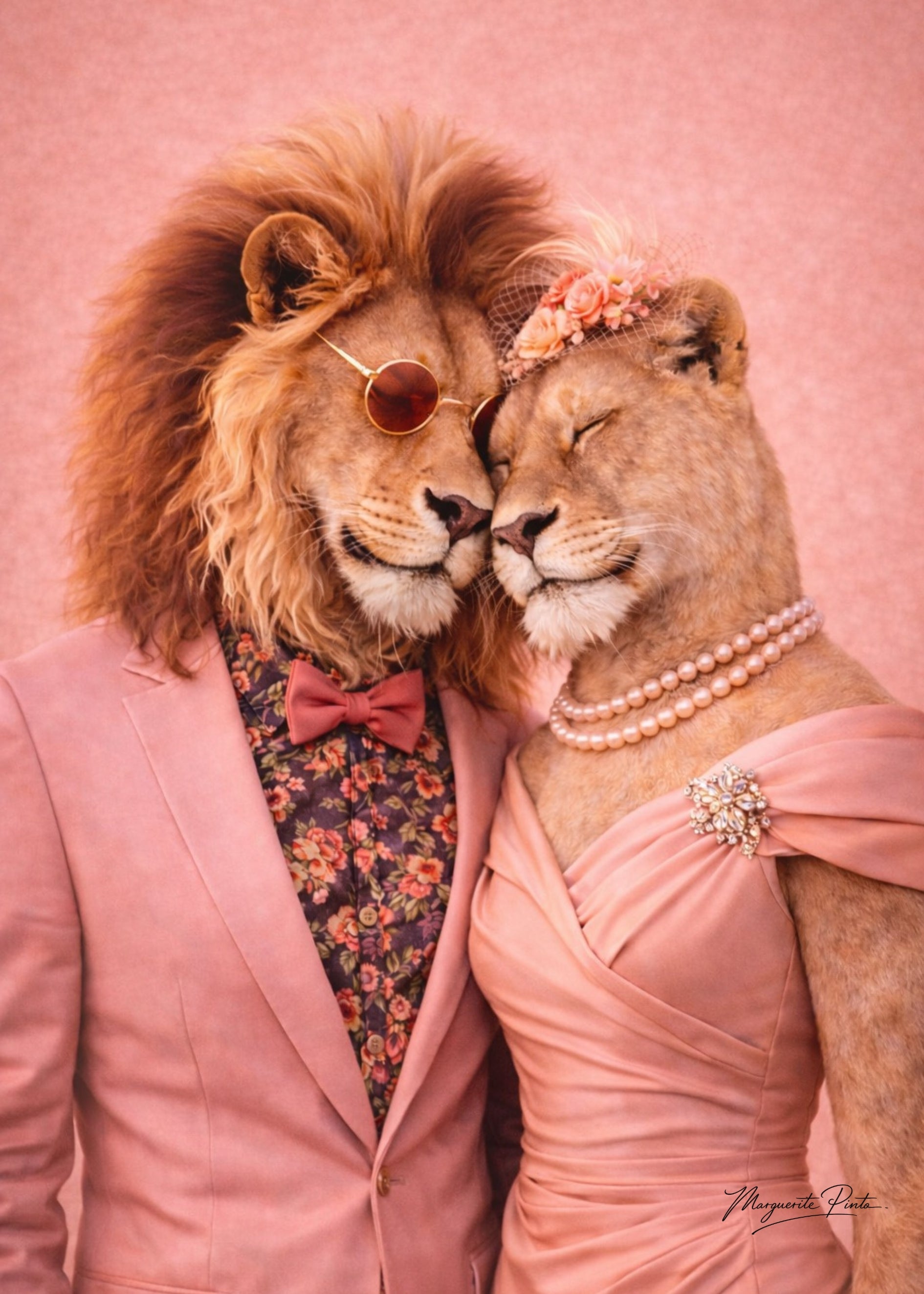 Trois portraits de Lions fusionnant puissance ancestrale et élégance inattendue dans un univers rose poudré par Marguerite P.