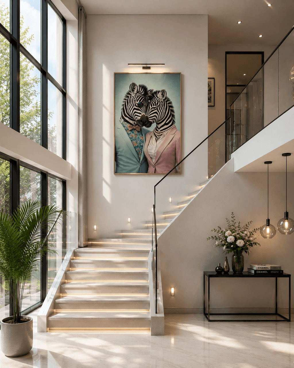 Couple zèbre exposé dans escalier moderne et chic.