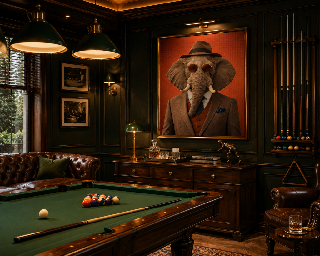 Mâle Éléphant Elegant exposé dans une salle de billard