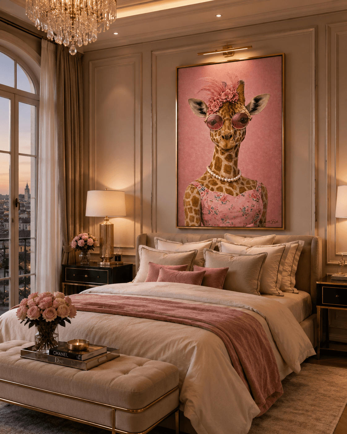 Femelle Girafe stylée dans chambre de luxe