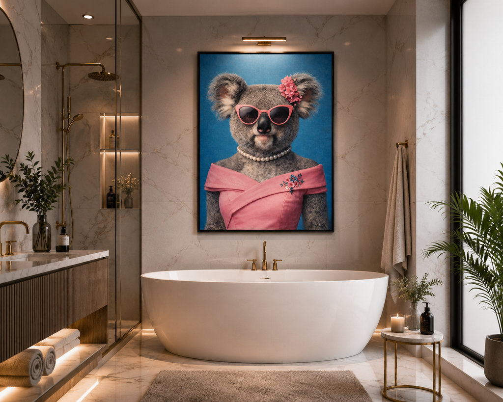 Femelle Koala exposée dans une salle de bain