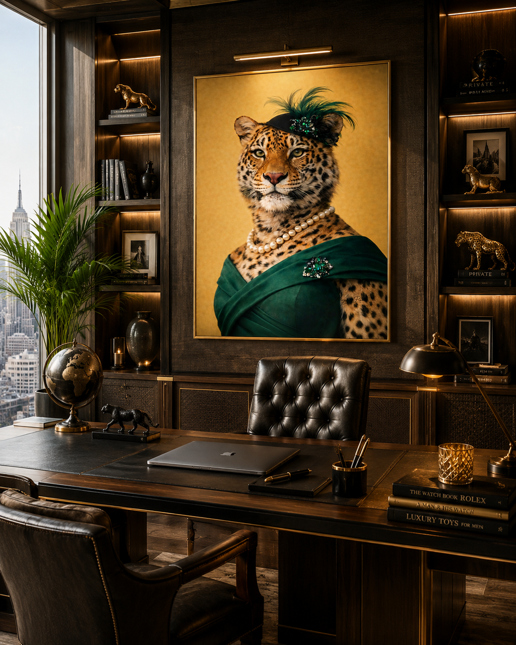Femelle Léopard raffinée exposée dans bureau très chic.