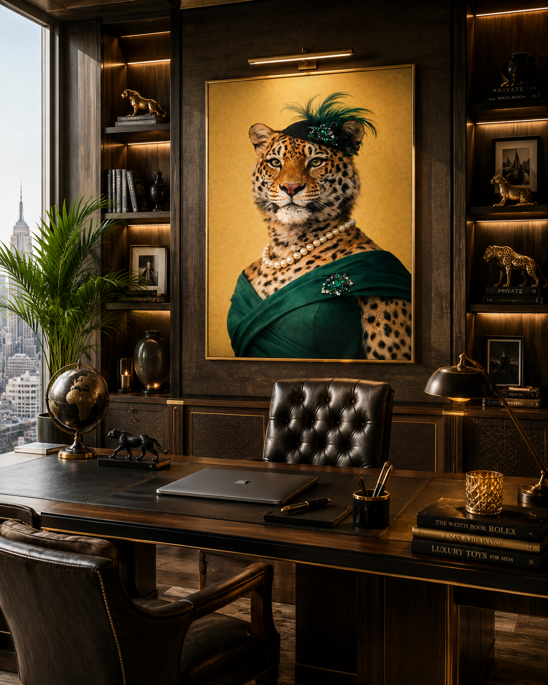 Femelle Léopard raffinée exposée dans bureau très chic.