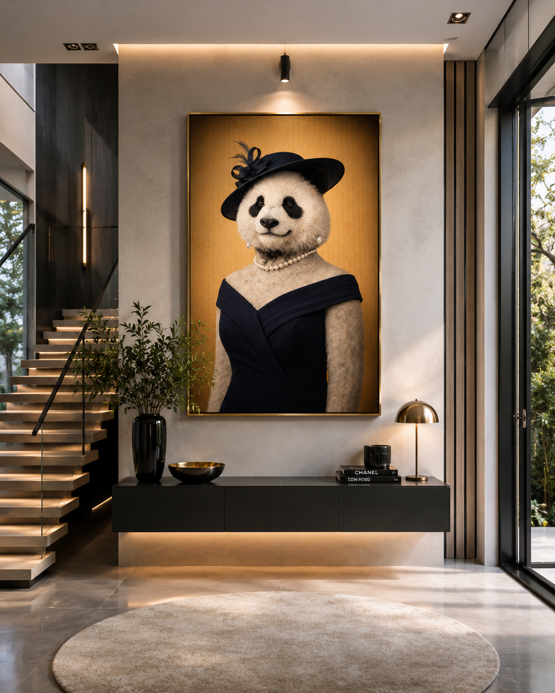 Femelle Panda exposé dans endroit distingué moderne