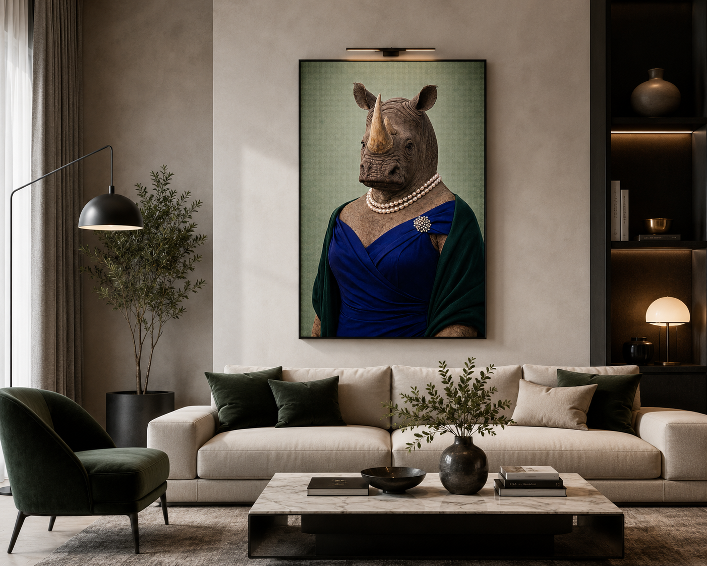 Femelle Rhinocéros élégante exposée dans un salon.