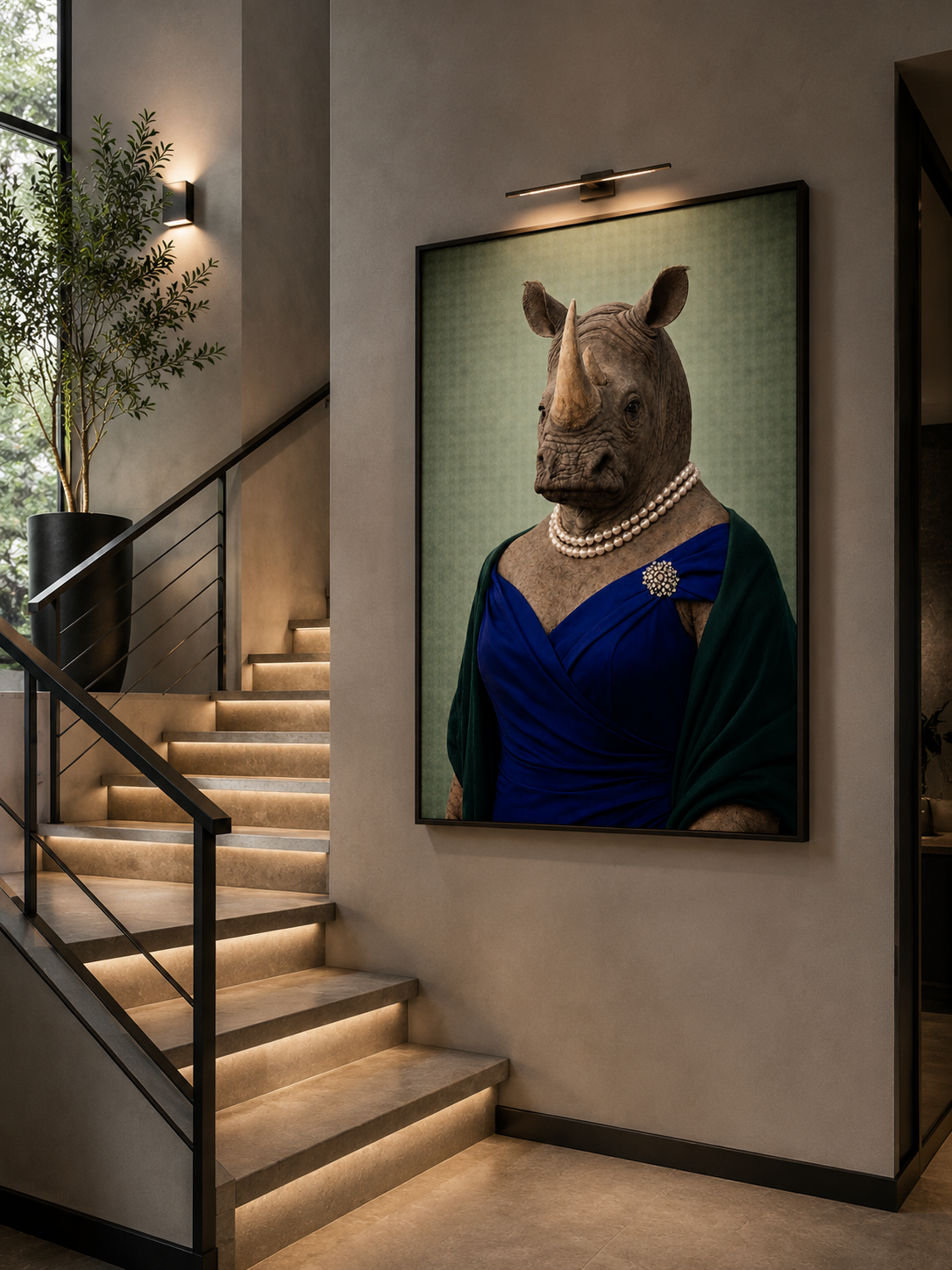 Femelle Rhinocéros élégante exposée en bas d'un escalier.