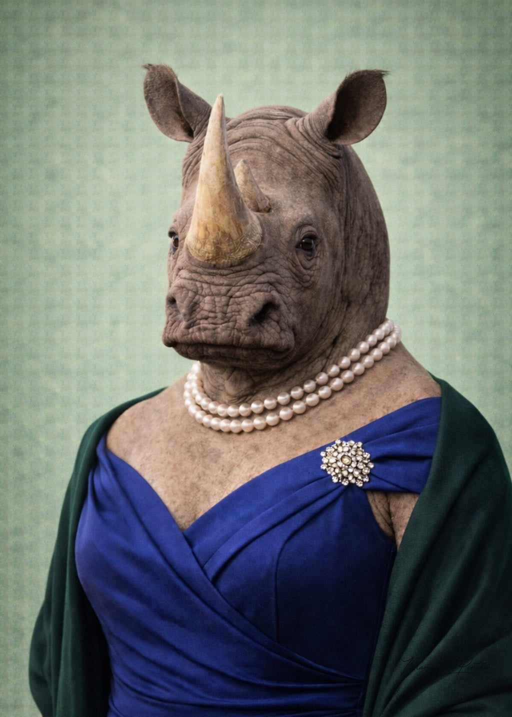 Trois portraits de rhinocéros fusionnant puissance ancestrale et douceur inattendue dans un univers vert poudré par Marguerite P.
