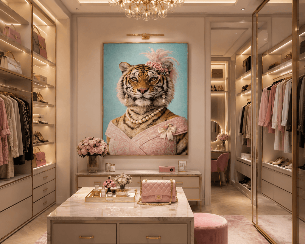 Femelle tigre sur fond ciel, symbolisant douceur et sérénité dans un magnifique dressing.