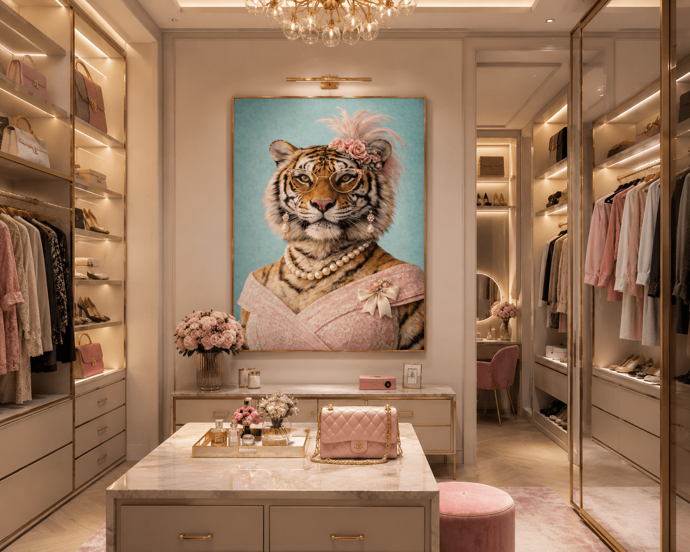 Femelle tigre sur fond ciel, symbolisant douceur et sérénité dans un magnifique dressing.