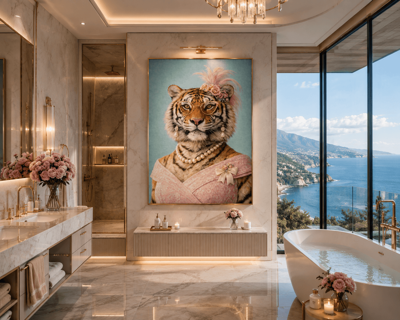 Femelle tigre sur fond ciel, symbolisant douceur et sérénité dans une magnifique salle de bain avec vue.
