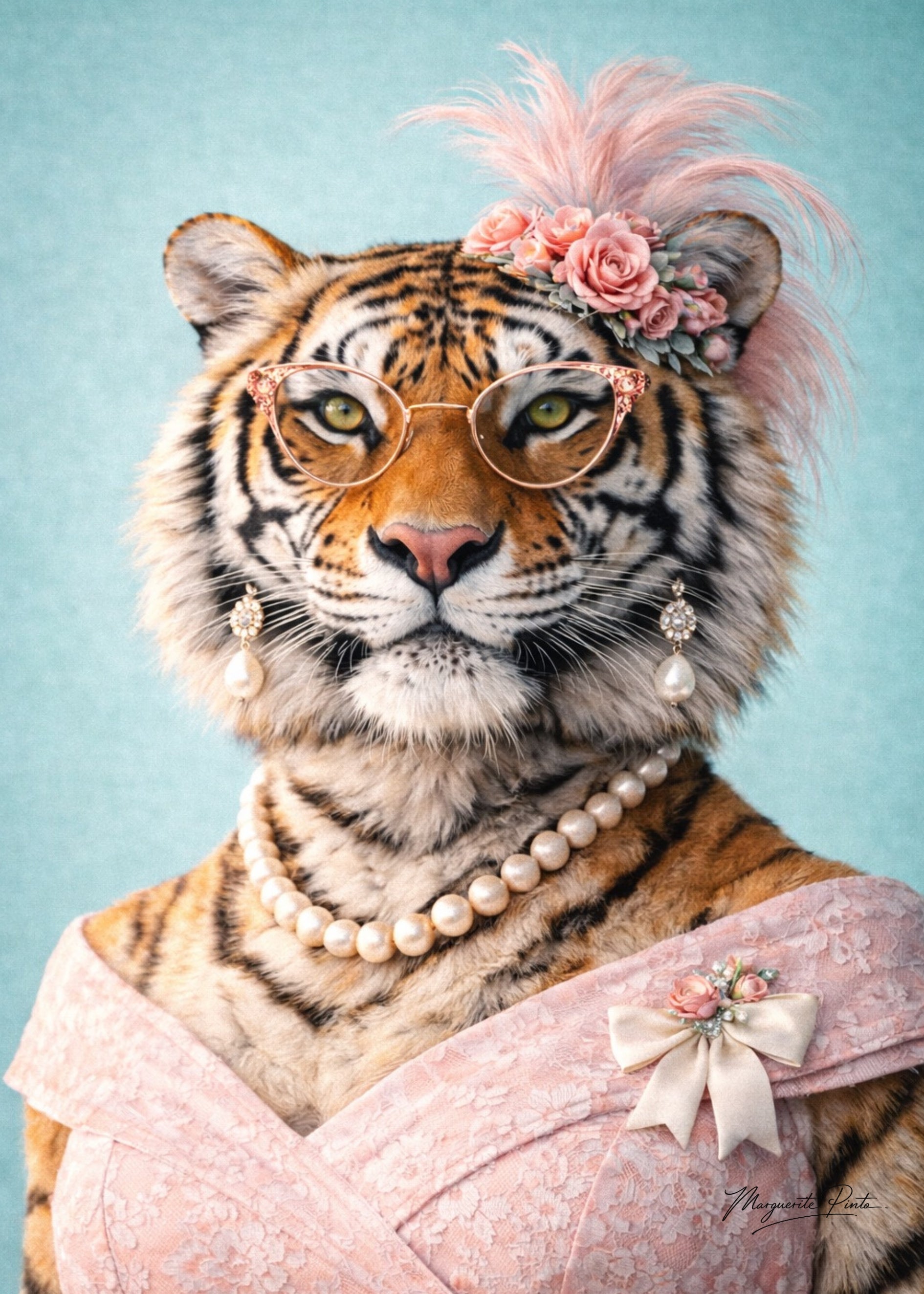 Portraits élégants deTigre par Marguerite P. sur fond ciel, symbolisant douceur et sérénité.