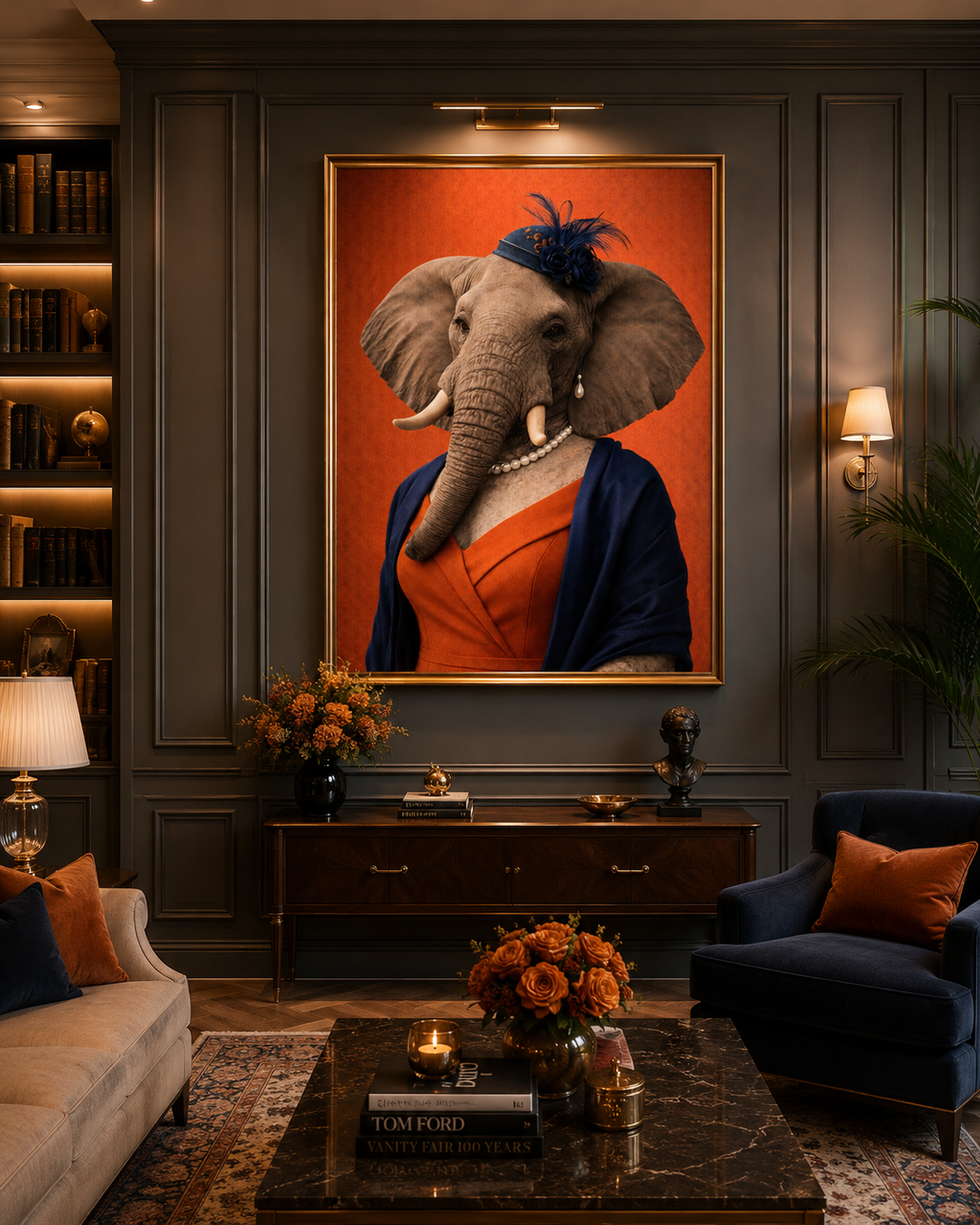 Femelle elephant elegante exposé dans salon foncé