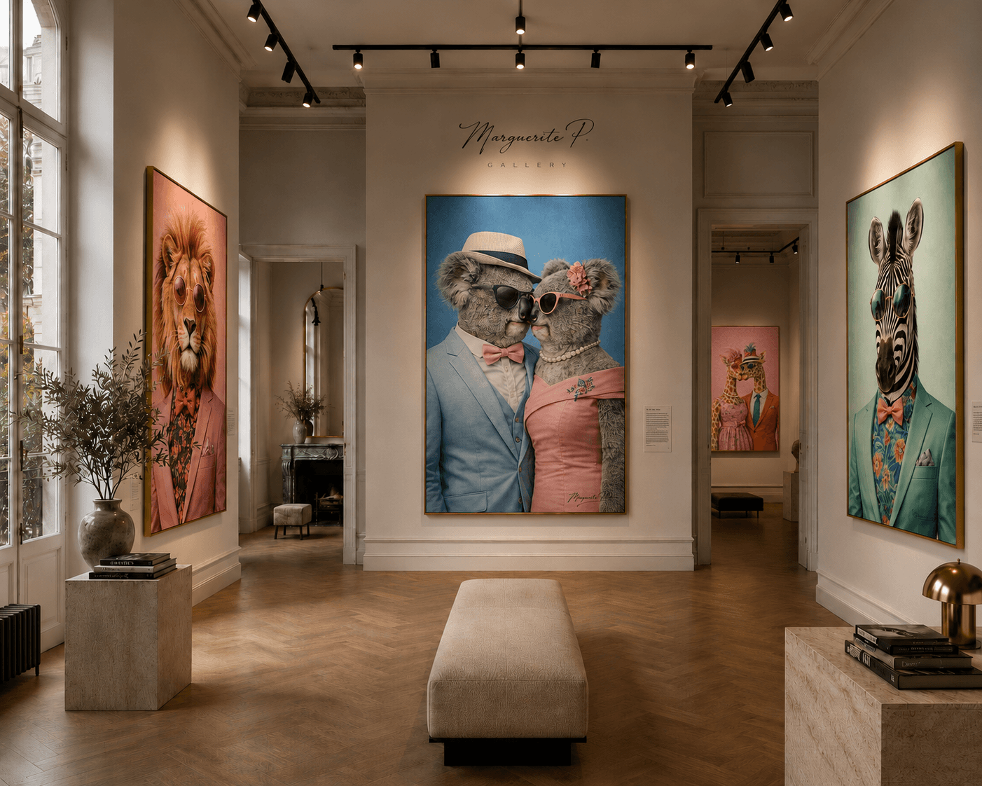 Tableaux en présentation dans la galerie