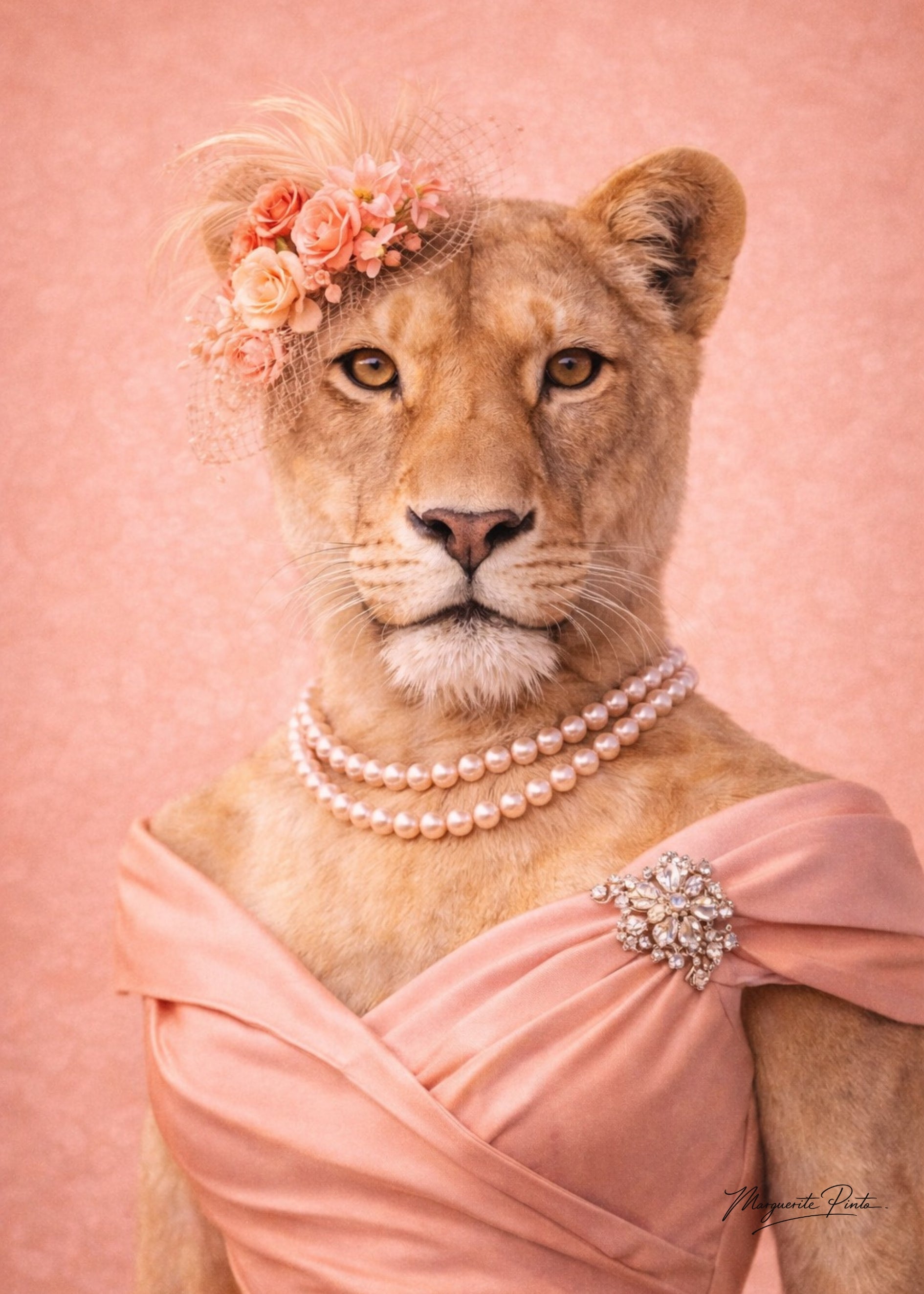 Trois portraits de Lions fusionnant puissance ancestrale et élégance inattendue dans un univers rose poudré par Marguerite P.