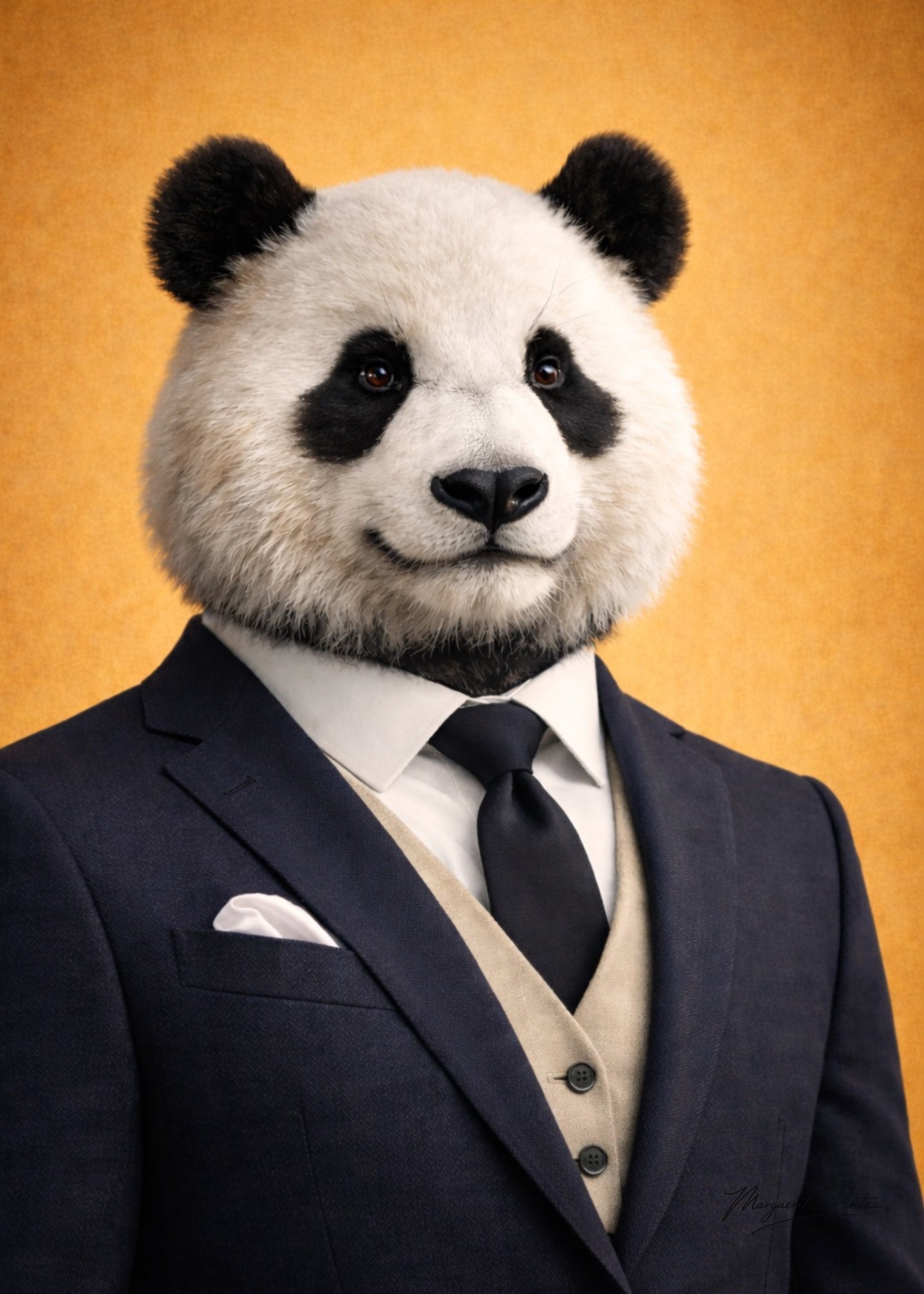Portrait élégant et serein d'un panda mâle sur fond doré chaleureux par Marguerite P.