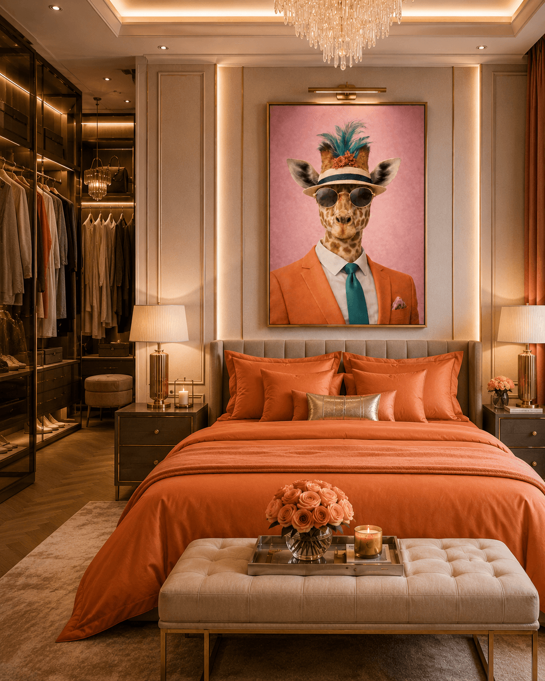 Mâle Girafe exposé dans une chambre orange