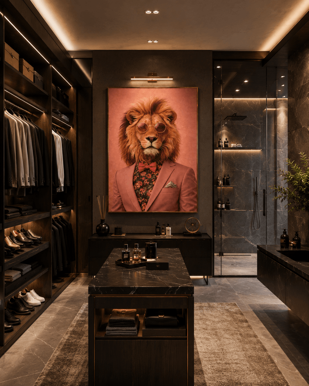 Mâle Lion exposé dans un dressing luxueux
