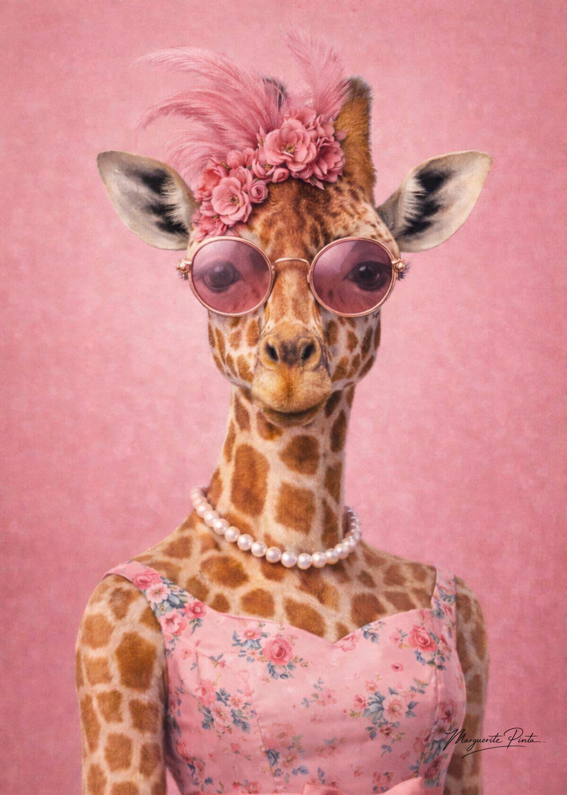 Trois portraits de Girafes fusionnant grandeur, calme et élégance dans un univers rose poudré par Marguerite P.
