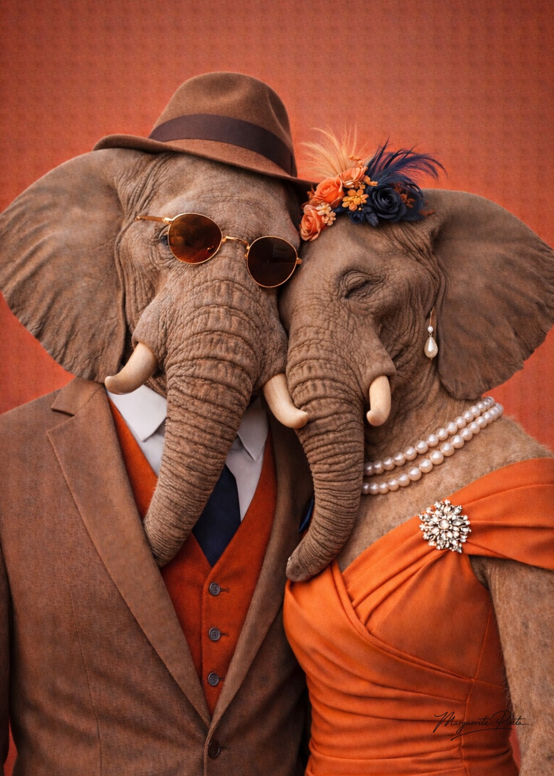 Trois portraits d'éléphants fusionnant puissance ancestrale et douceur inattendue dans un univers rouille orangé par Marguerite P.