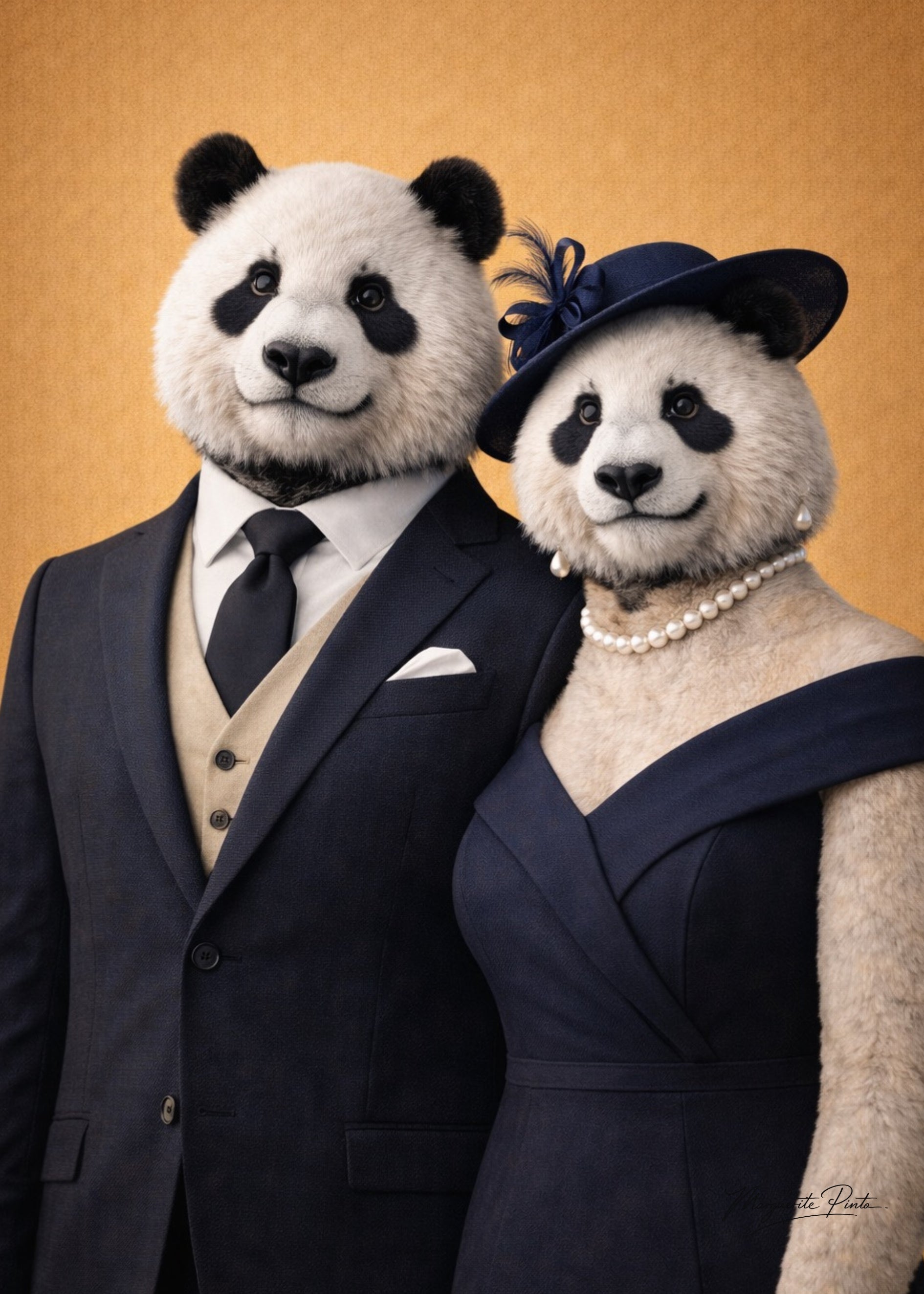 Portraits élégants de pandas symbolisant calme et équilibre par Marguerite P. sur fond doré.