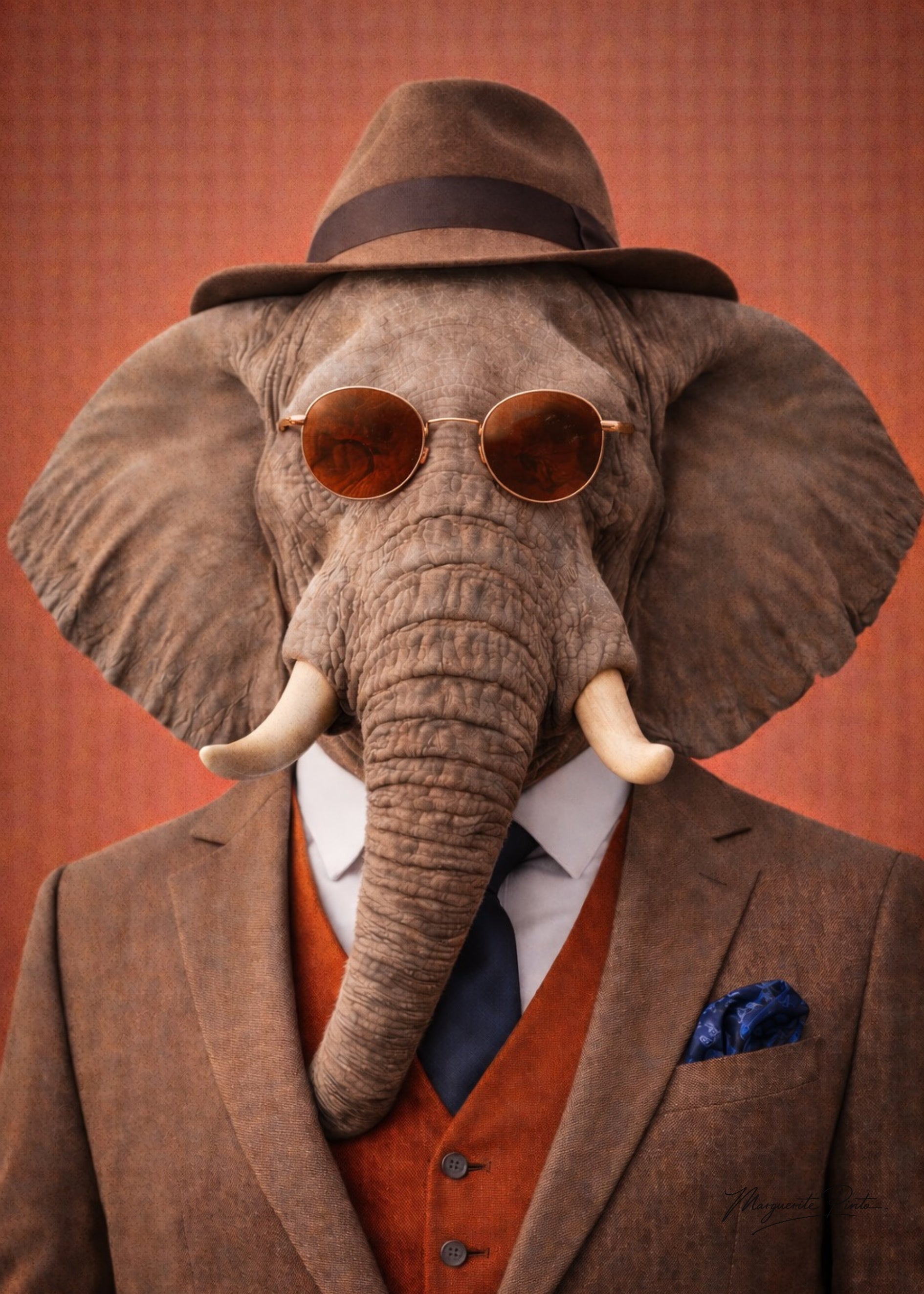 Trois portraits d'éléphants fusionnant puissance ancestrale et douceur inattendue dans un univers rouille orangé par Marguerite P.