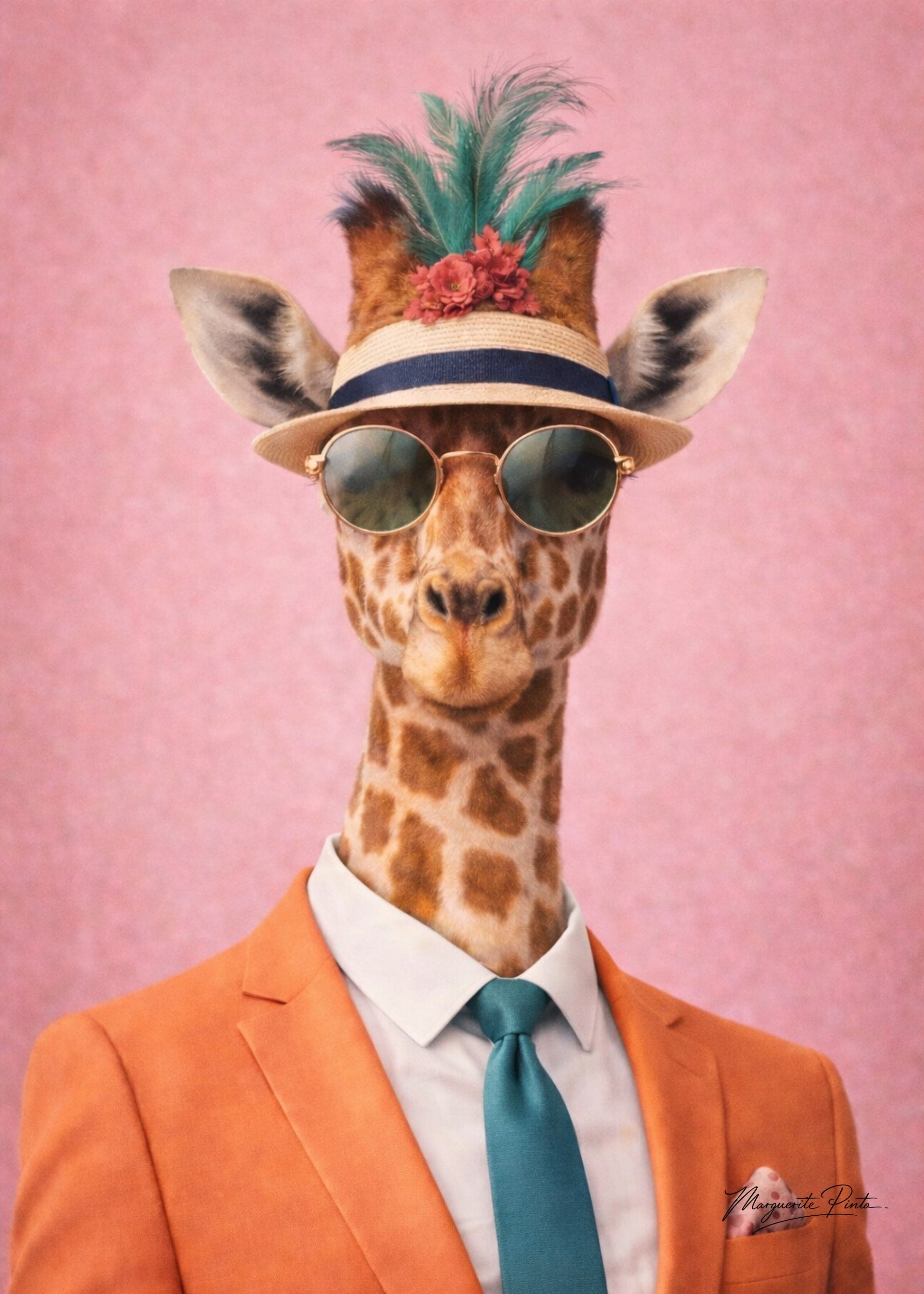Trois portraits de Girafe fusionnant grandeur ancestrale, calme et douceur, dans un univers rose poudré par Marguerite P.