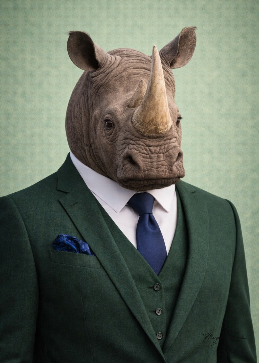 Trois portraits de rhinocéros fusionnant puissance ancestrale et douceur inattendue dans un univers vert poudré par Marguerite P.