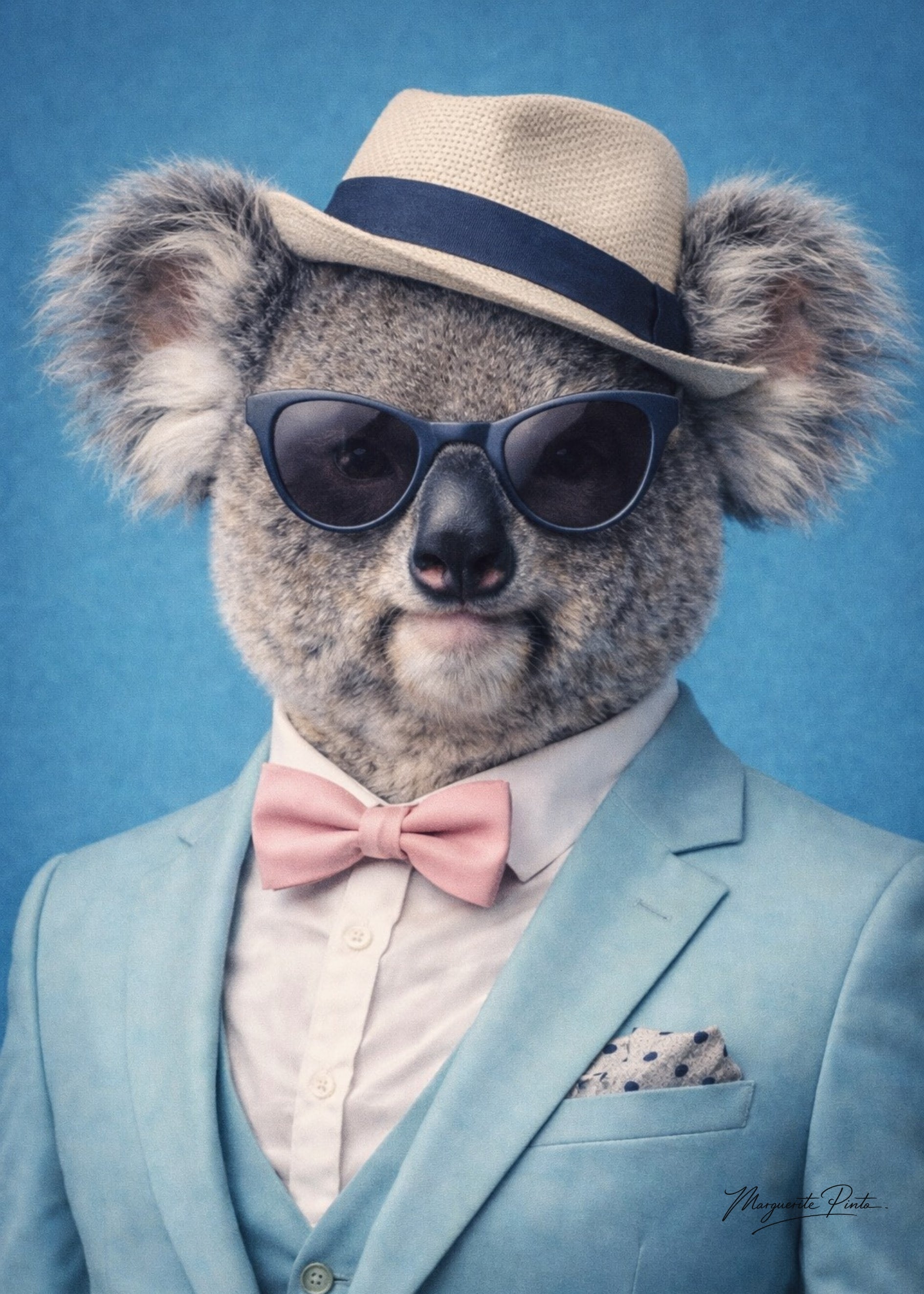 Trois portraits de Koalas fusionnant puissance ancestrale et douceur inattendue dans un univers bleu poudré par Marguerite P.