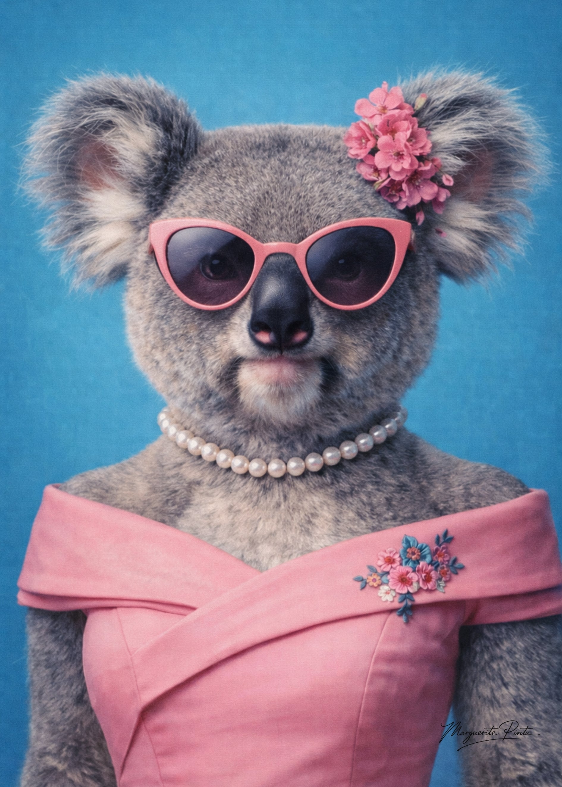 Trois portraits de Koalas fusionnant puissance ancestrale et douceur inattendue dans un univers bleu poudré par Marguerite P.