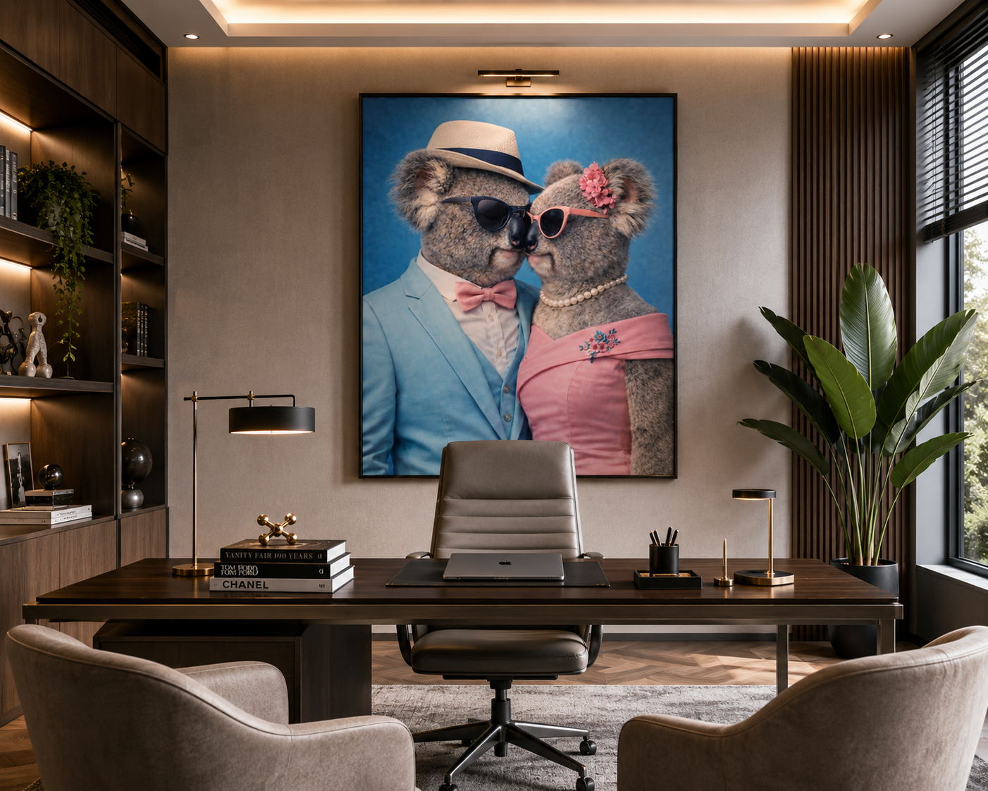 Tableau koala couple chic exposé dans bureau moderne