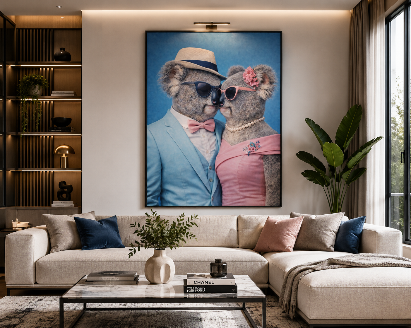 Tableau koala couple chic exposé dans un salon moderne
