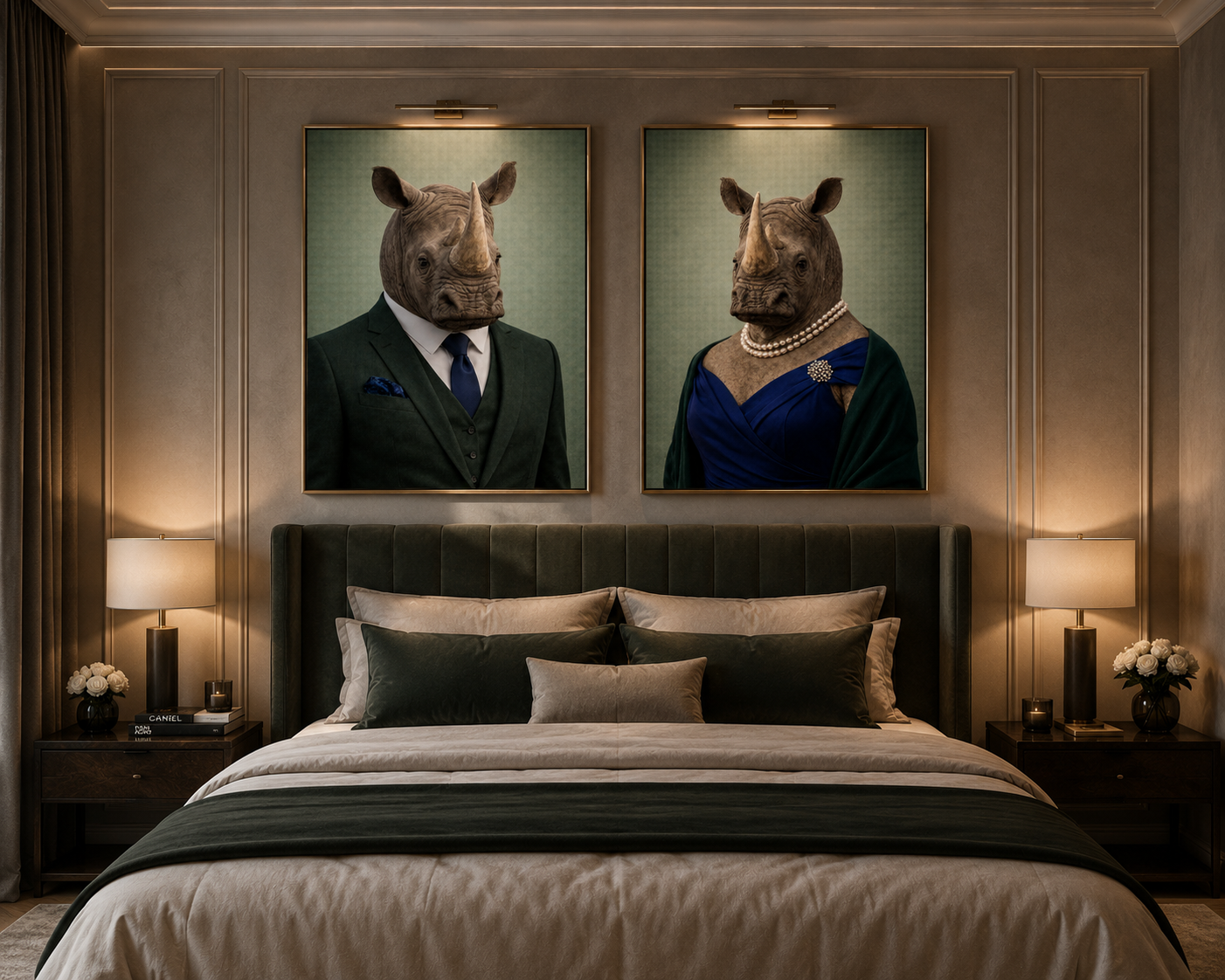 Tableaux de Femelle et Mâle Rhinocéros élégant au dessus du lit dans la chambre
