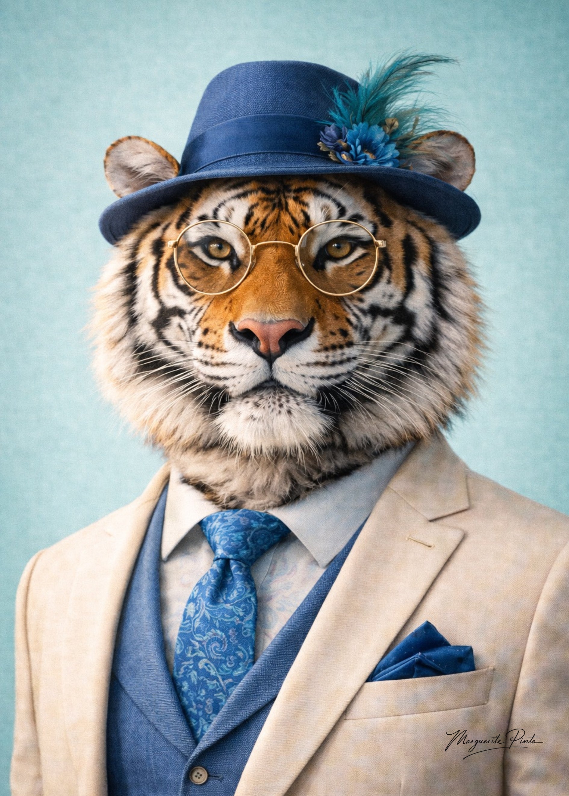 Portraits élégants deTigre par Marguerite P. sur fond ciel, symbolisant douceur et sérénité.
